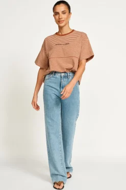 Hot Apero Vintage Drop Shoulder Cropped Tee - Brown/Tan Stripe
