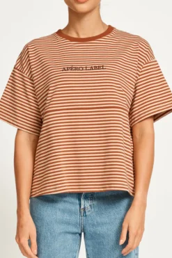 Hot Apero Vintage Drop Shoulder Cropped Tee - Brown/Tan Stripe