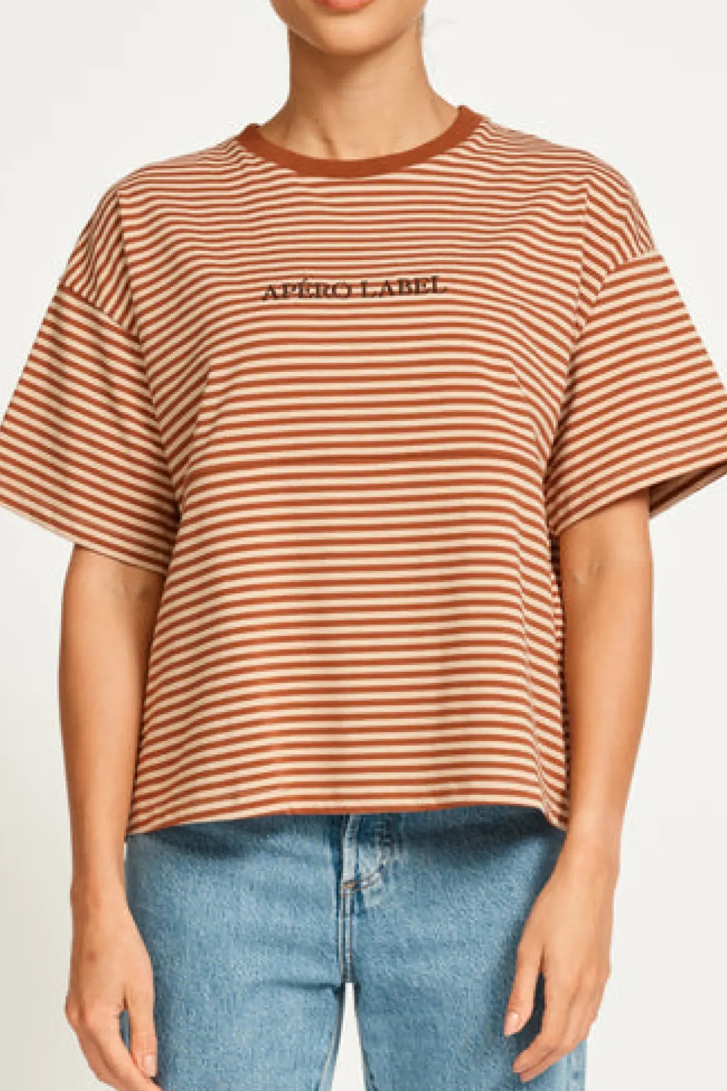Hot Apero Vintage Drop Shoulder Cropped Tee - Brown/Tan Stripe