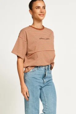 Hot Apero Vintage Drop Shoulder Cropped Tee - Brown/Tan Stripe