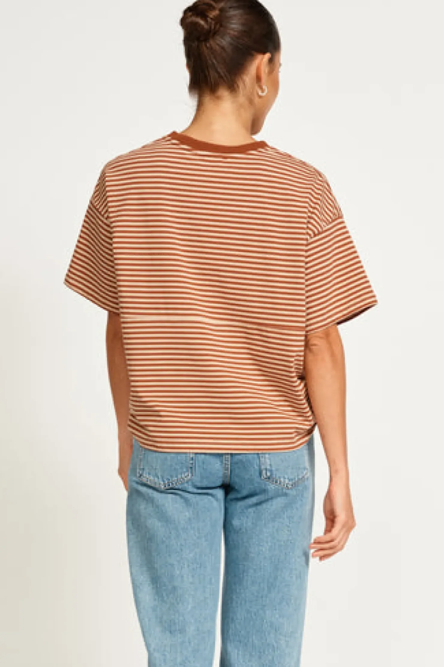 Hot Apero Vintage Drop Shoulder Cropped Tee - Brown/Tan Stripe
