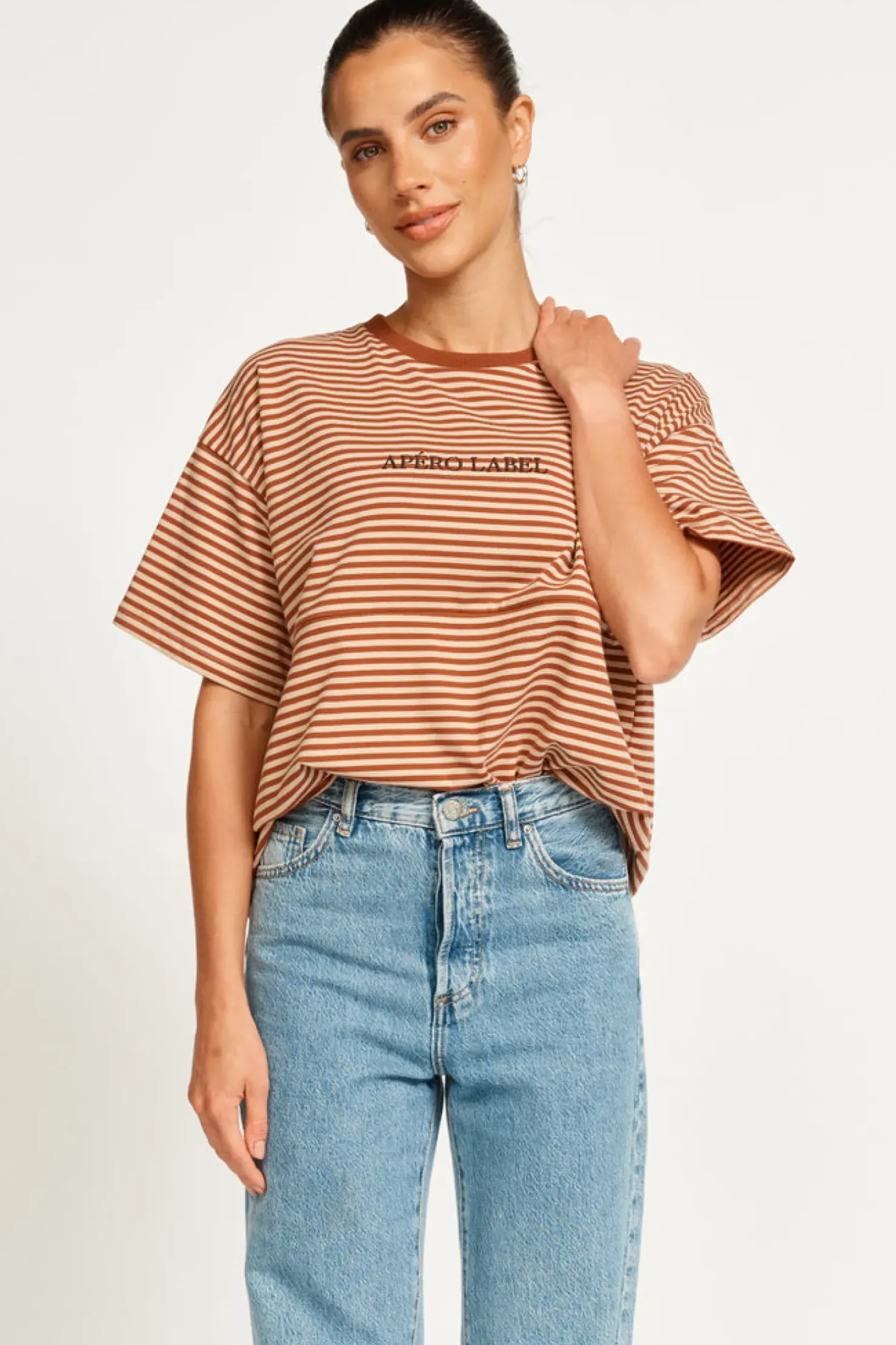 Hot Apero Vintage Drop Shoulder Cropped Tee - Brown/Tan Stripe