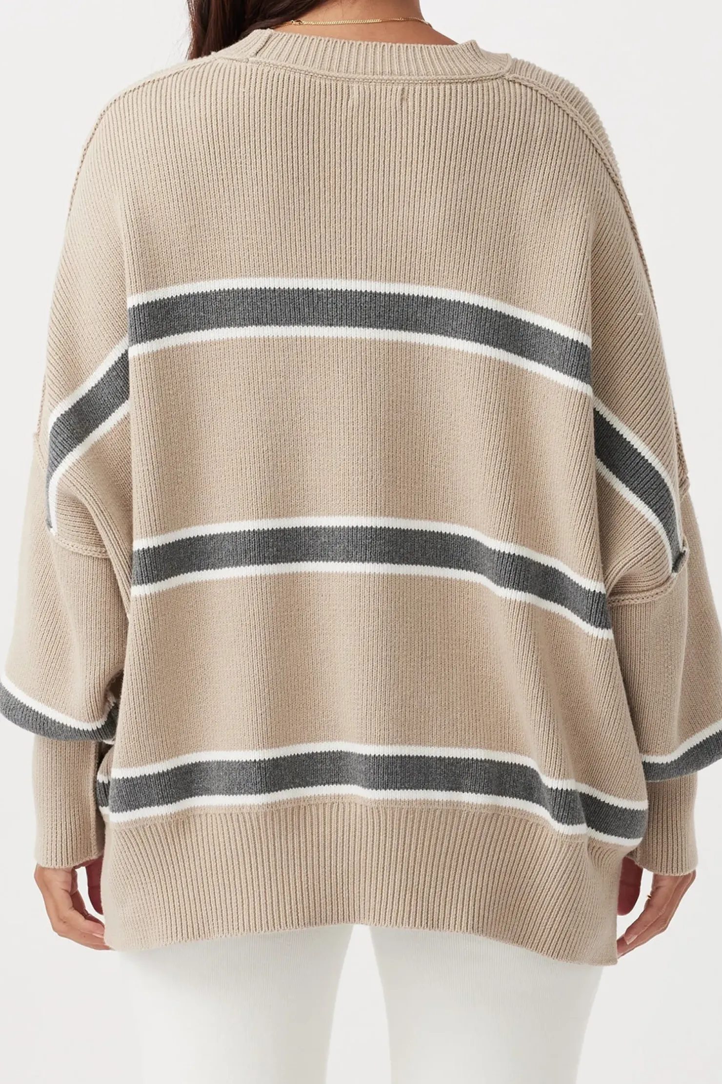 Outlet ARCAA Harper Stripe Sweater - Taupe, Cream & Dark Grey Marle