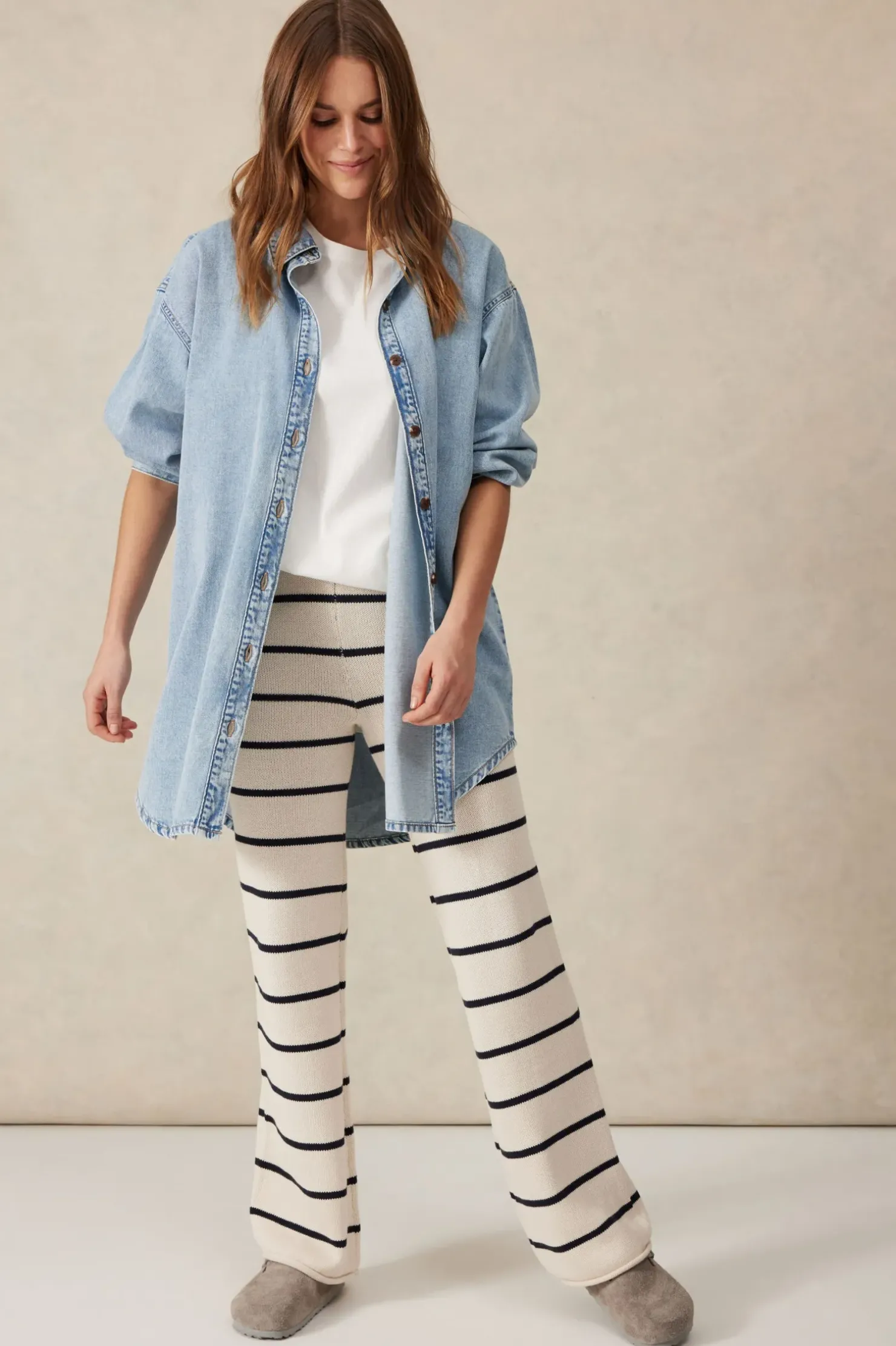 Discount Ceres Life Bootleg Knit Pant - Ecru/Navy Stripe