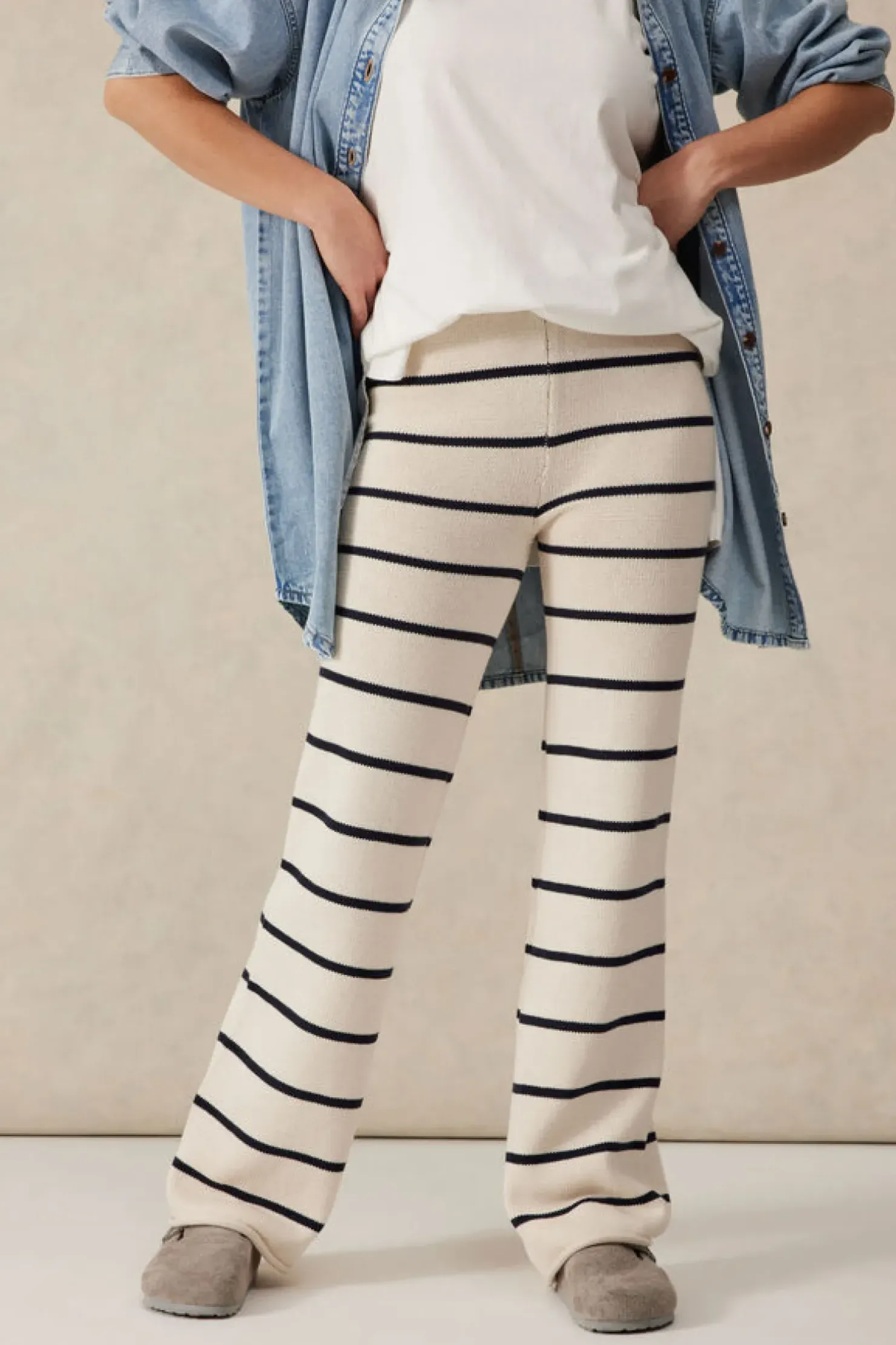 Discount Ceres Life Bootleg Knit Pant - Ecru/Navy Stripe