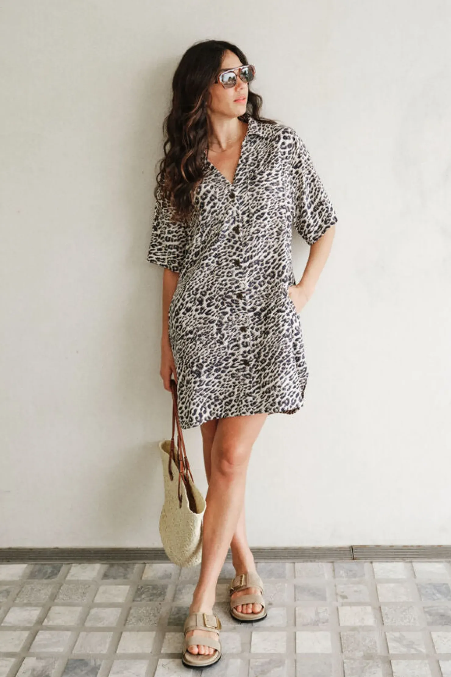 Outlet Ceres Life Boxy Shirt Dress - Leopard Linen Blend