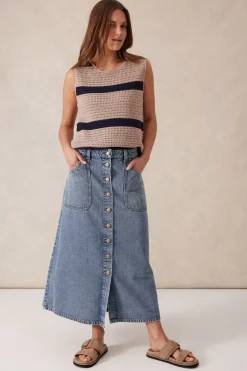 Clearance Ceres Life Button Through Denim Midi Skirt - Mid Vintage Blue