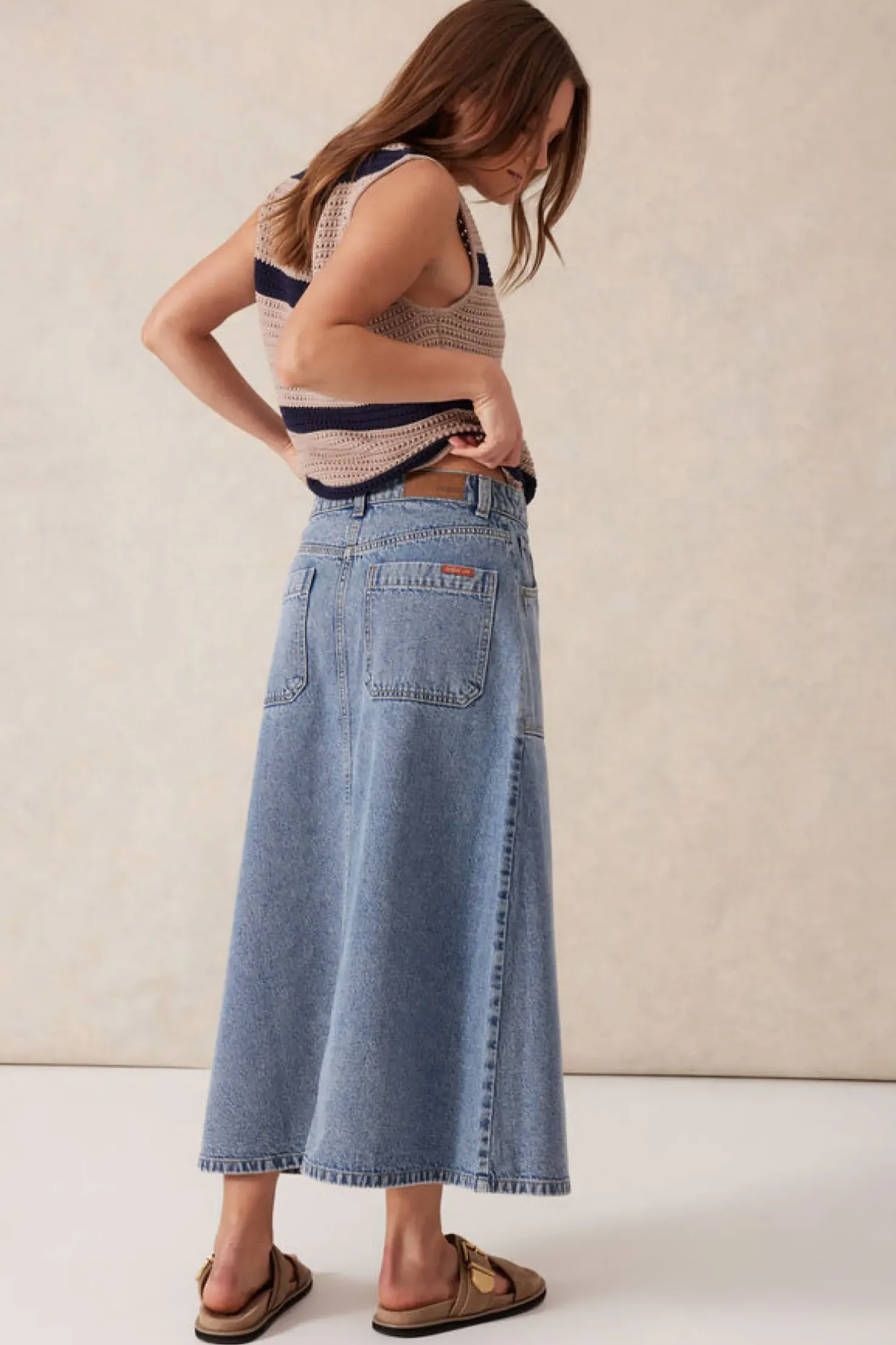 Clearance Ceres Life Button Through Denim Midi Skirt - Mid Vintage Blue