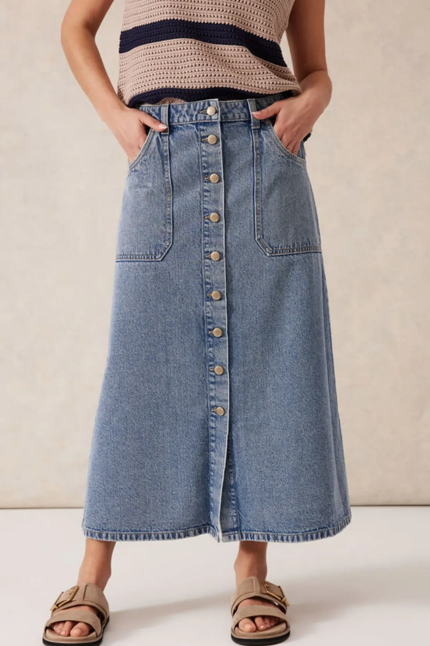 Clearance Ceres Life Button Through Denim Midi Skirt - Mid Vintage Blue