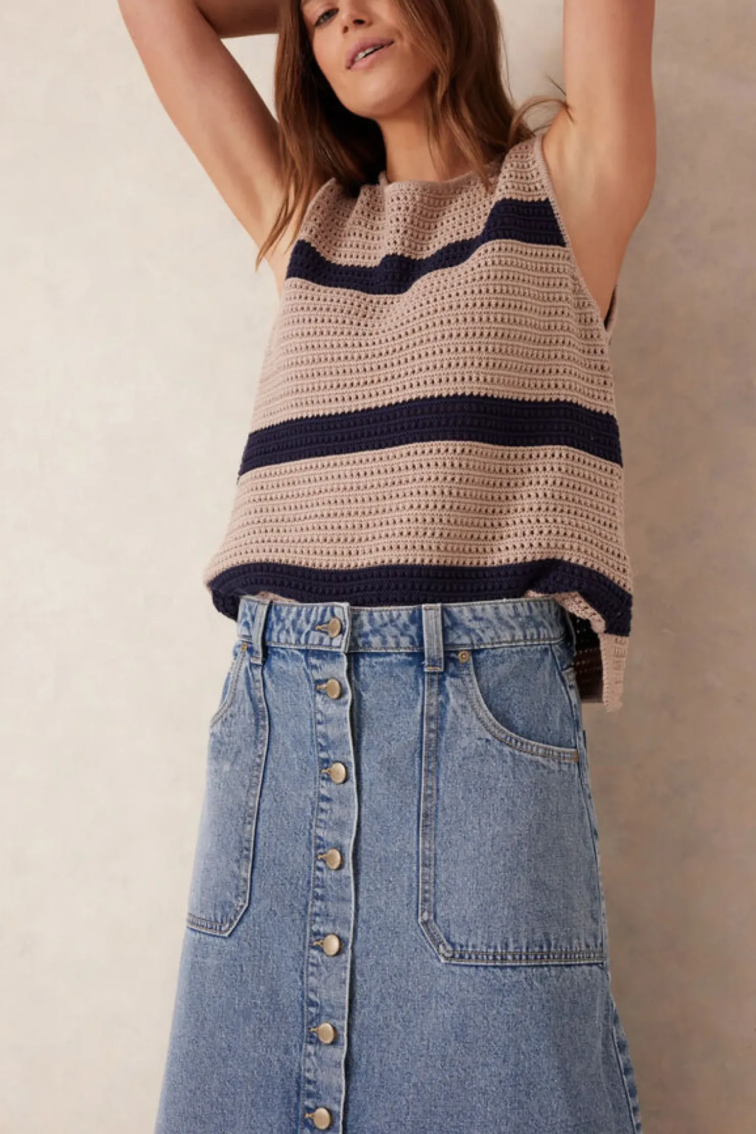 Clearance Ceres Life Button Through Denim Midi Skirt - Mid Vintage Blue