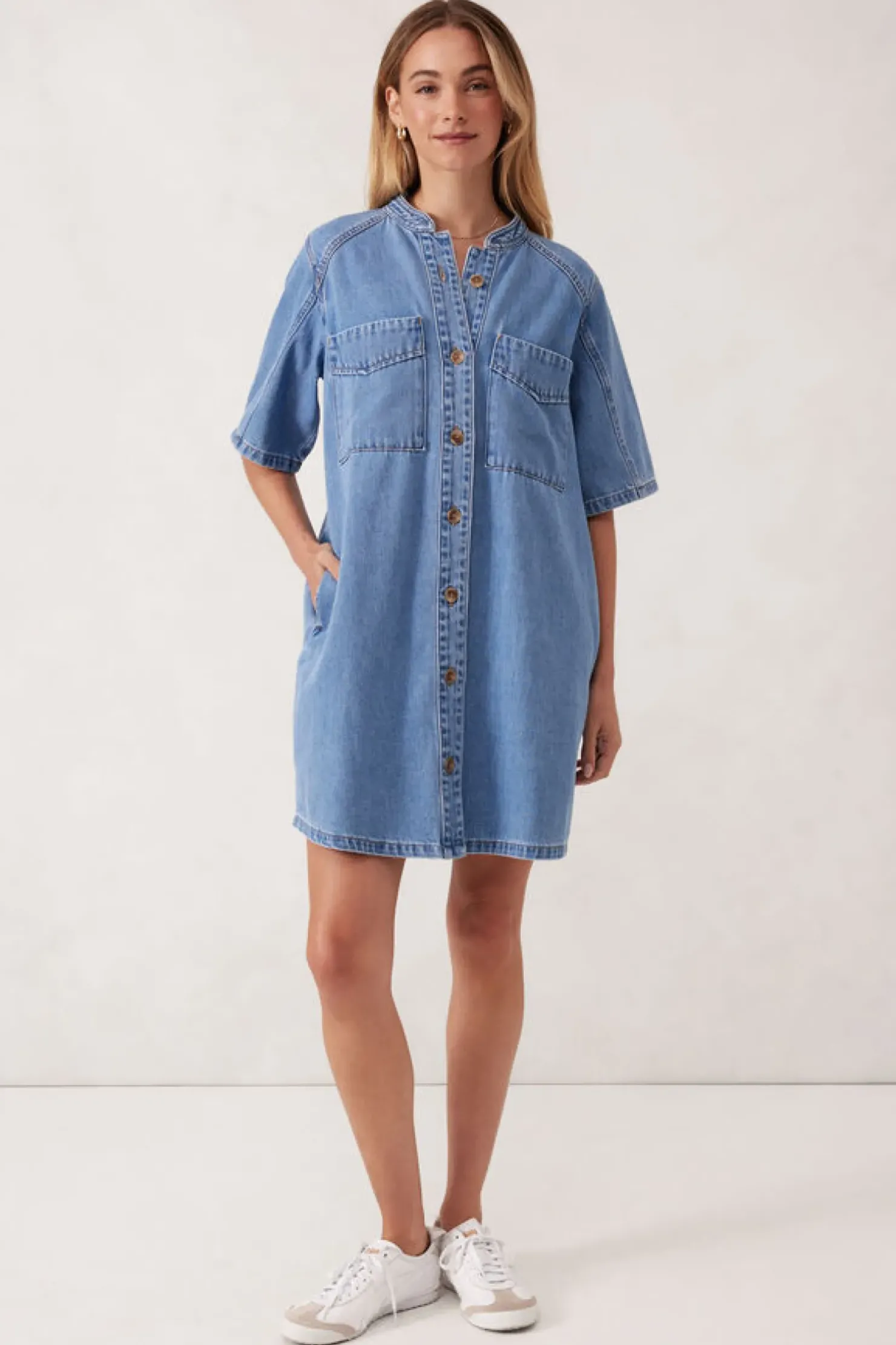 New Ceres Life Collarless Relaxed Short Sleeve Denim Dress - Vintage Blue