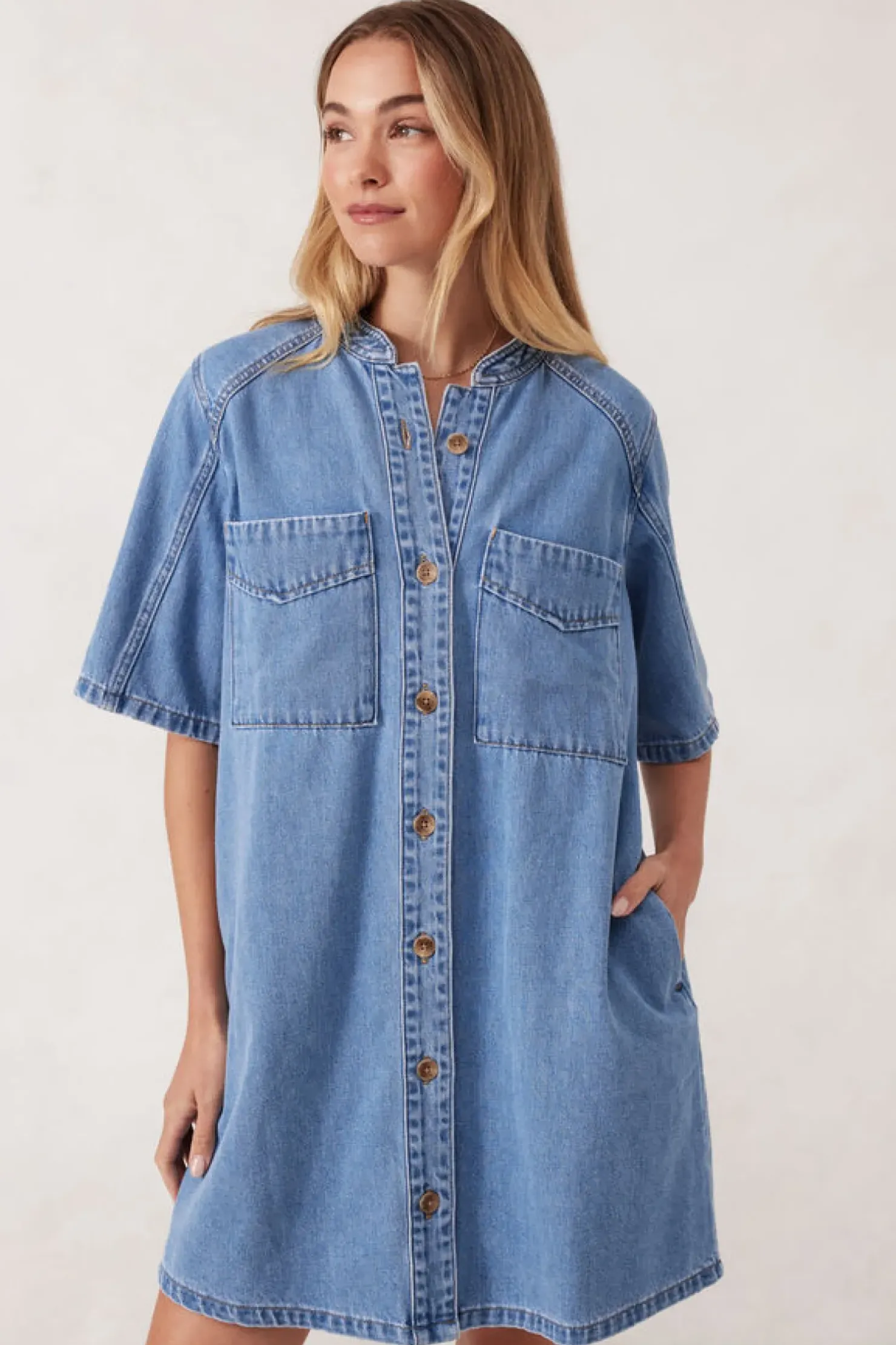 New Ceres Life Collarless Relaxed Short Sleeve Denim Dress - Vintage Blue