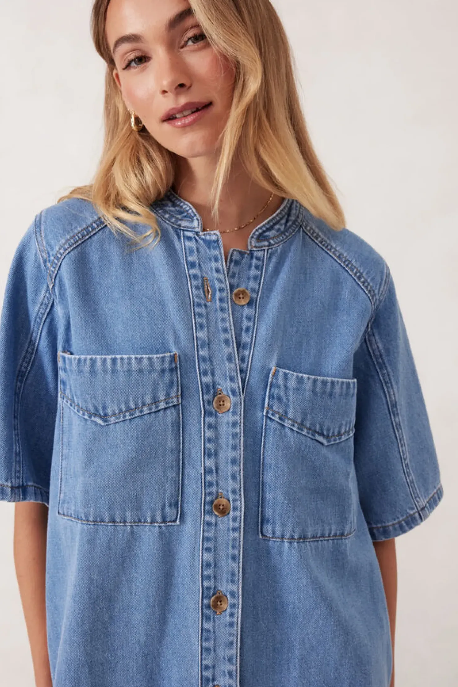 New Ceres Life Collarless Relaxed Short Sleeve Denim Dress - Vintage Blue