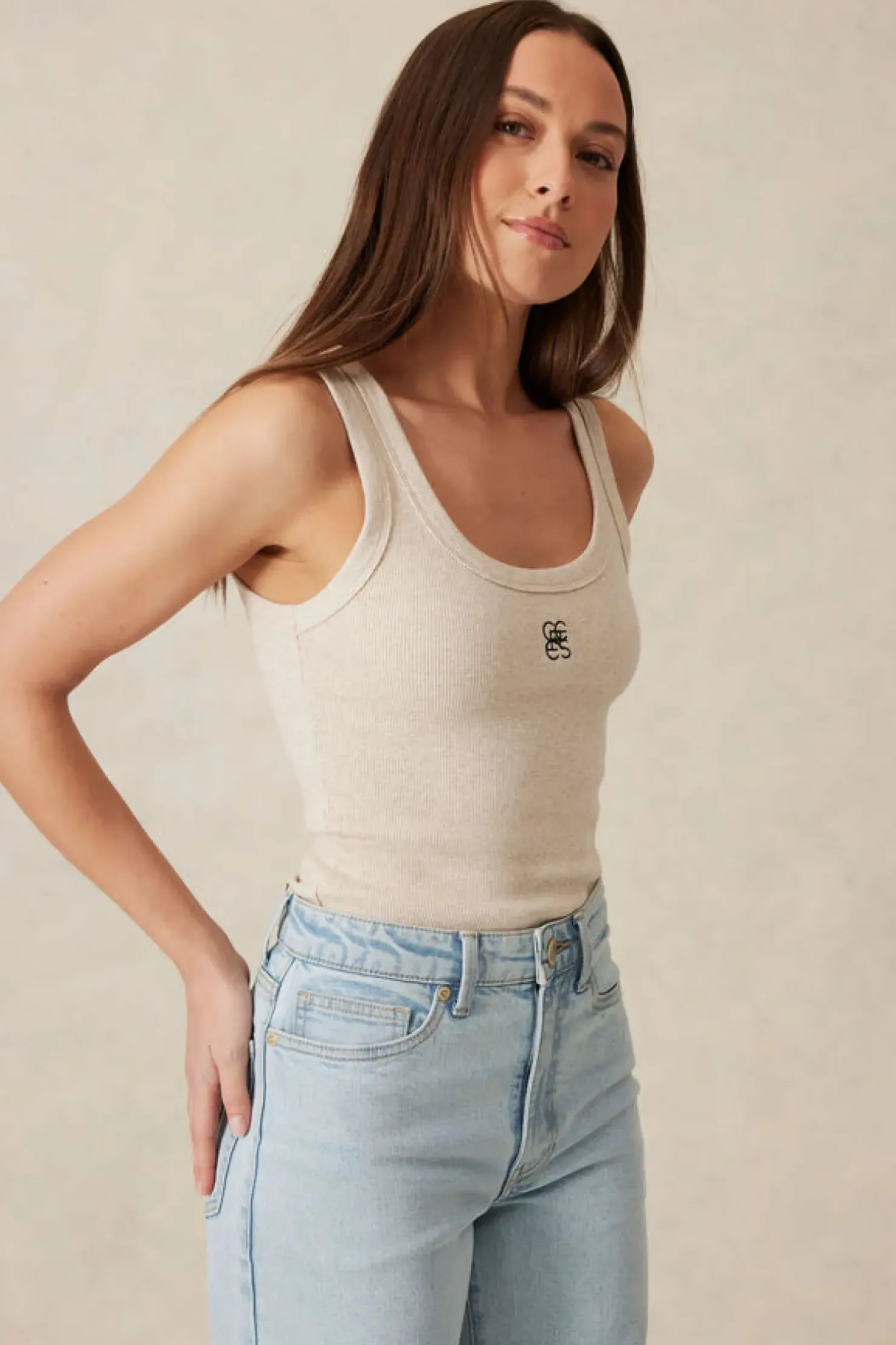 Hot Ceres Life Contour Rib Scoop Tank - Oatmeal/Black Monogram Embroidery