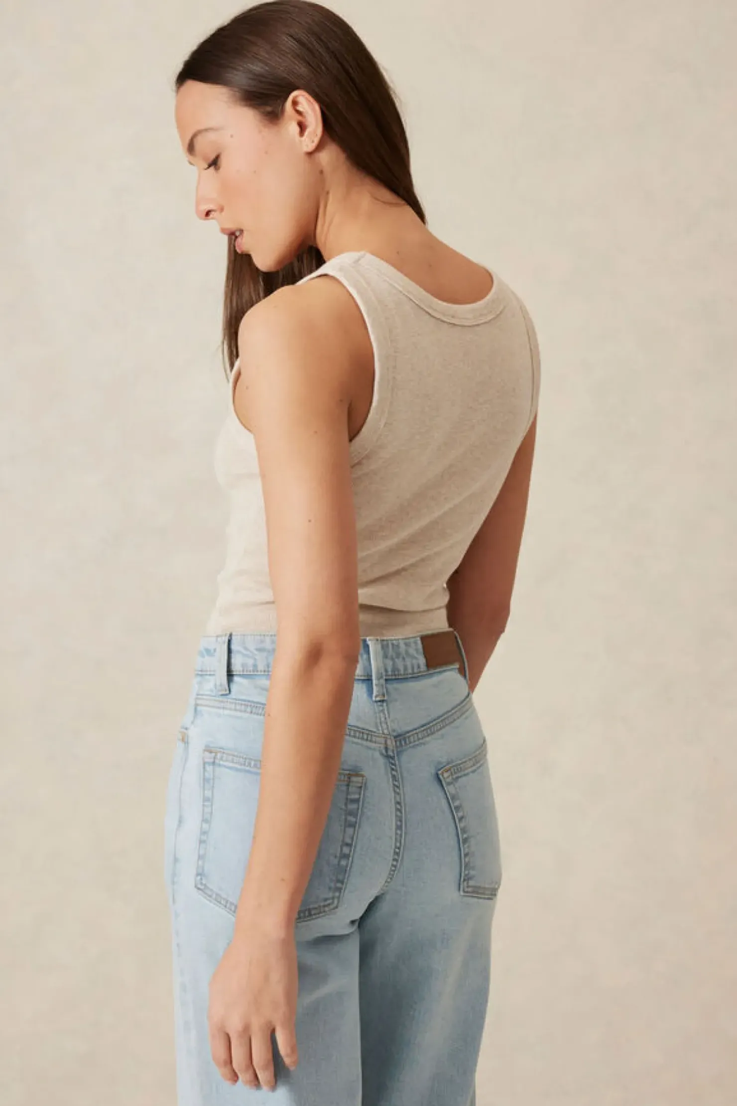 Hot Ceres Life Contour Rib Scoop Tank - Oatmeal/Black Monogram Embroidery