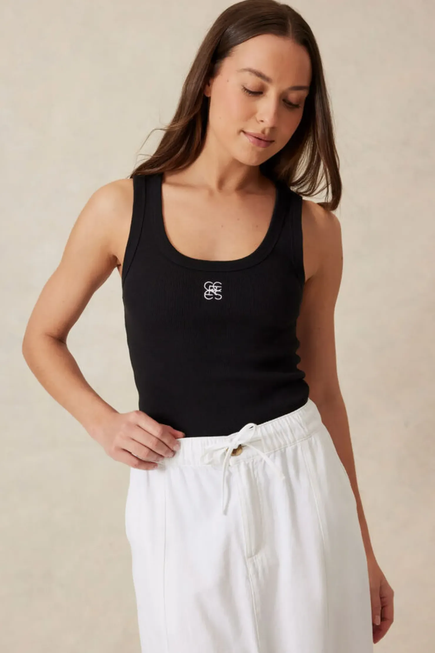 Clearance Ceres Life Contour Rib Scoop Tank - Black/White Monogram Embroidery