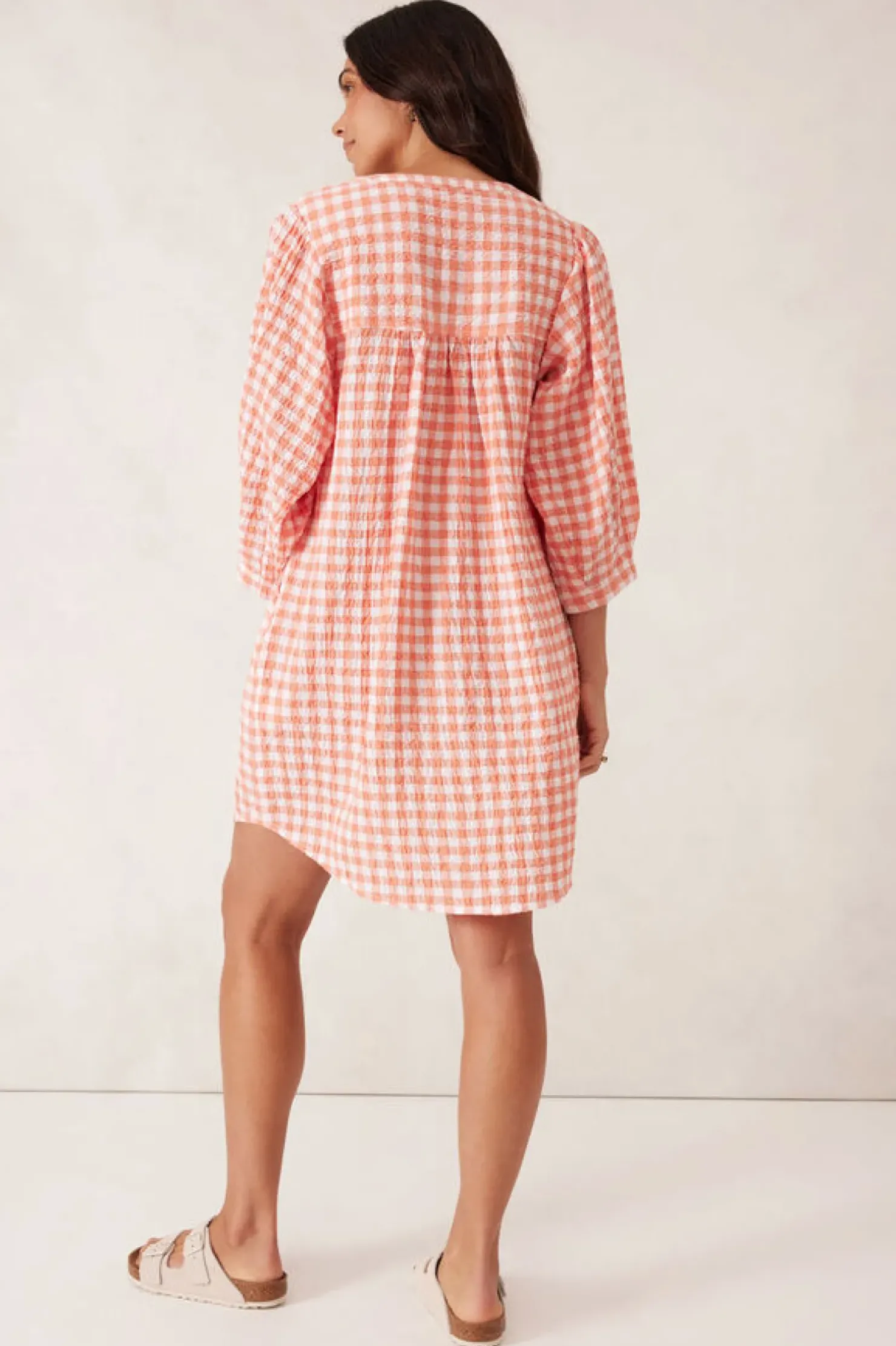New Ceres Life Crinkle Mini Dress - Coral/White Gingham