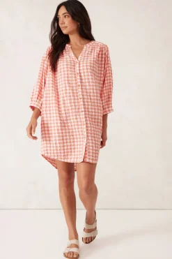 New Ceres Life Crinkle Mini Dress - Coral/White Gingham