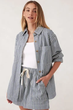 Hot Ceres Life Curved Hem Shacket - Lagoon Blue Stripe