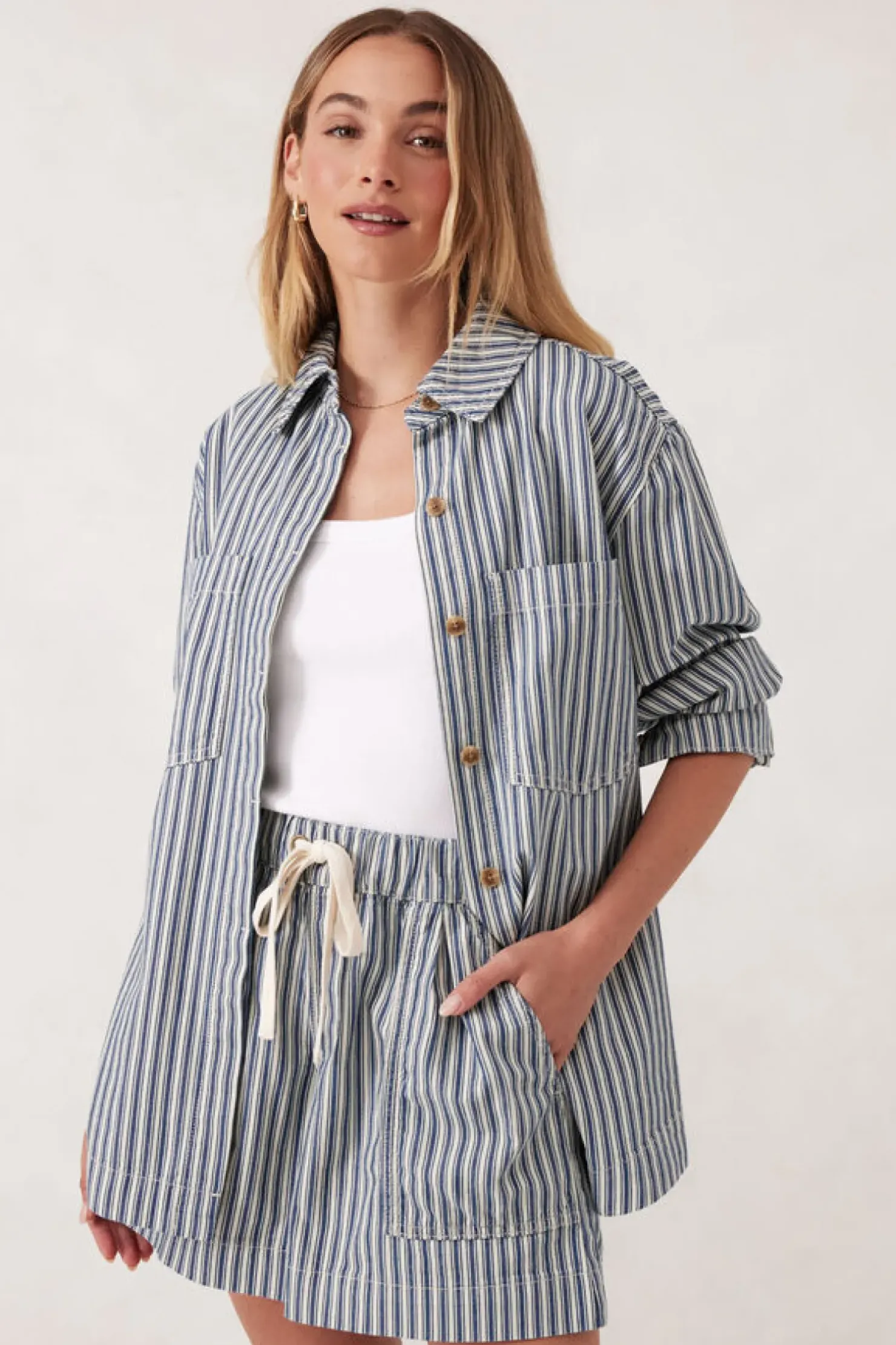 Hot Ceres Life Curved Hem Shacket - Lagoon Blue Stripe