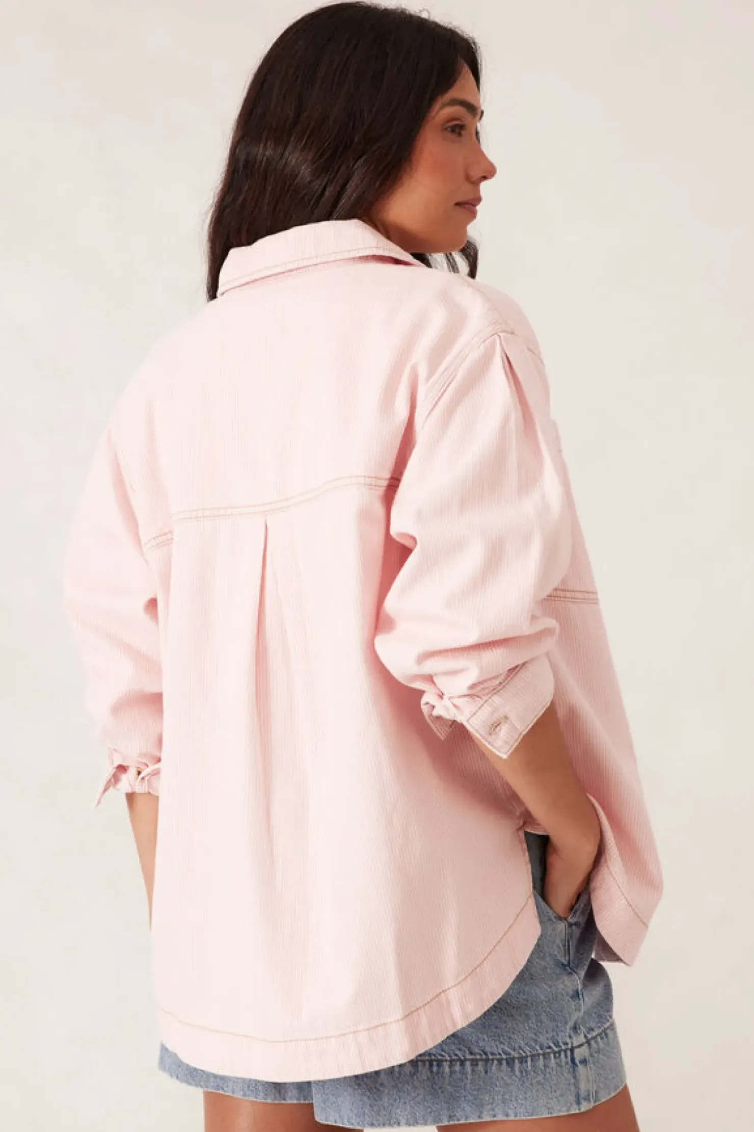Discount Ceres Life Curved Hem Shacket - Washed Coral Stripe