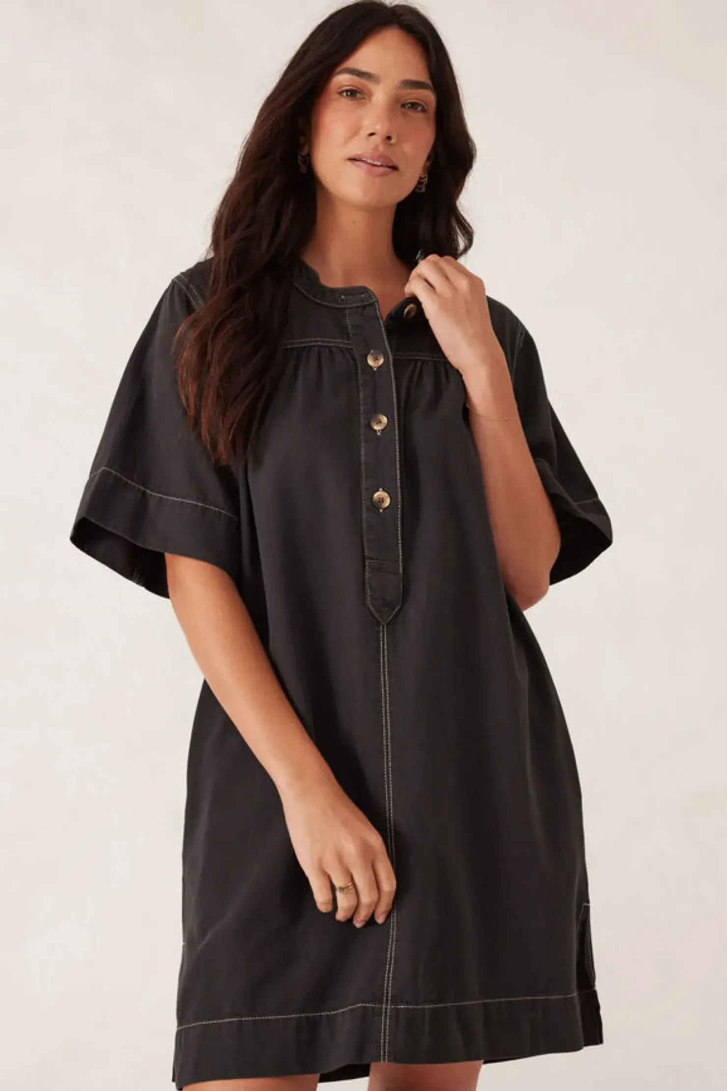 New Ceres Life Half Placket Tunic Dress- Black Twill