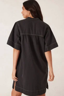 New Ceres Life Half Placket Tunic Dress- Black Twill