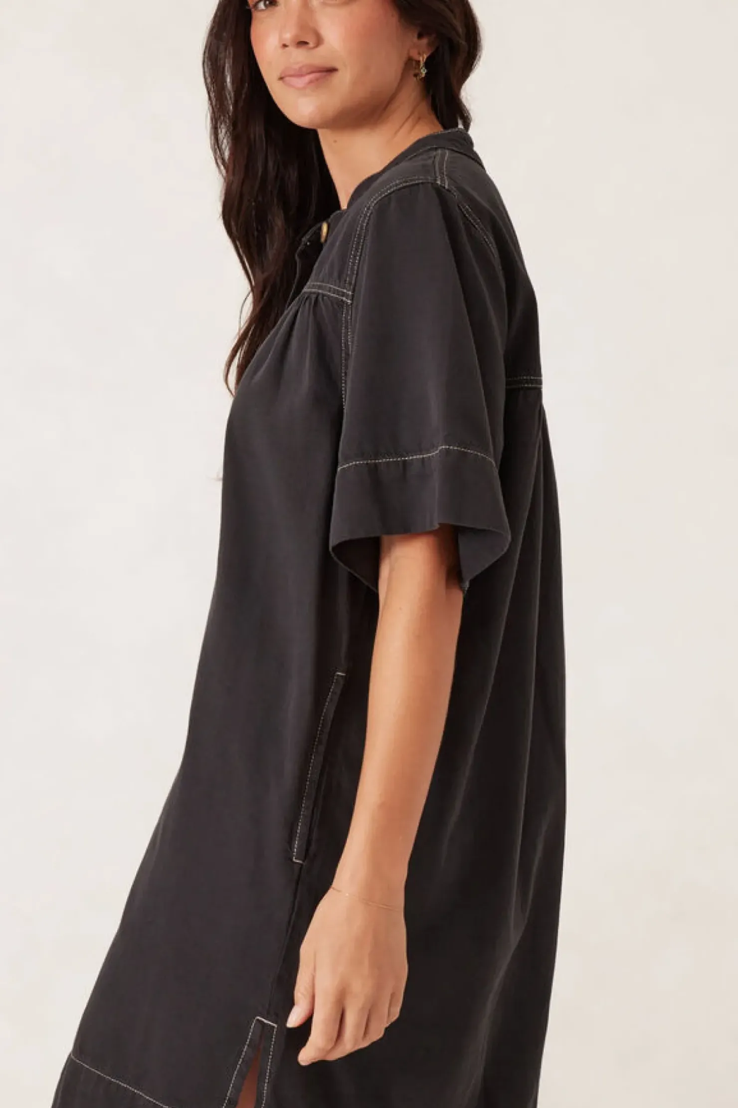 New Ceres Life Half Placket Tunic Dress- Black Twill
