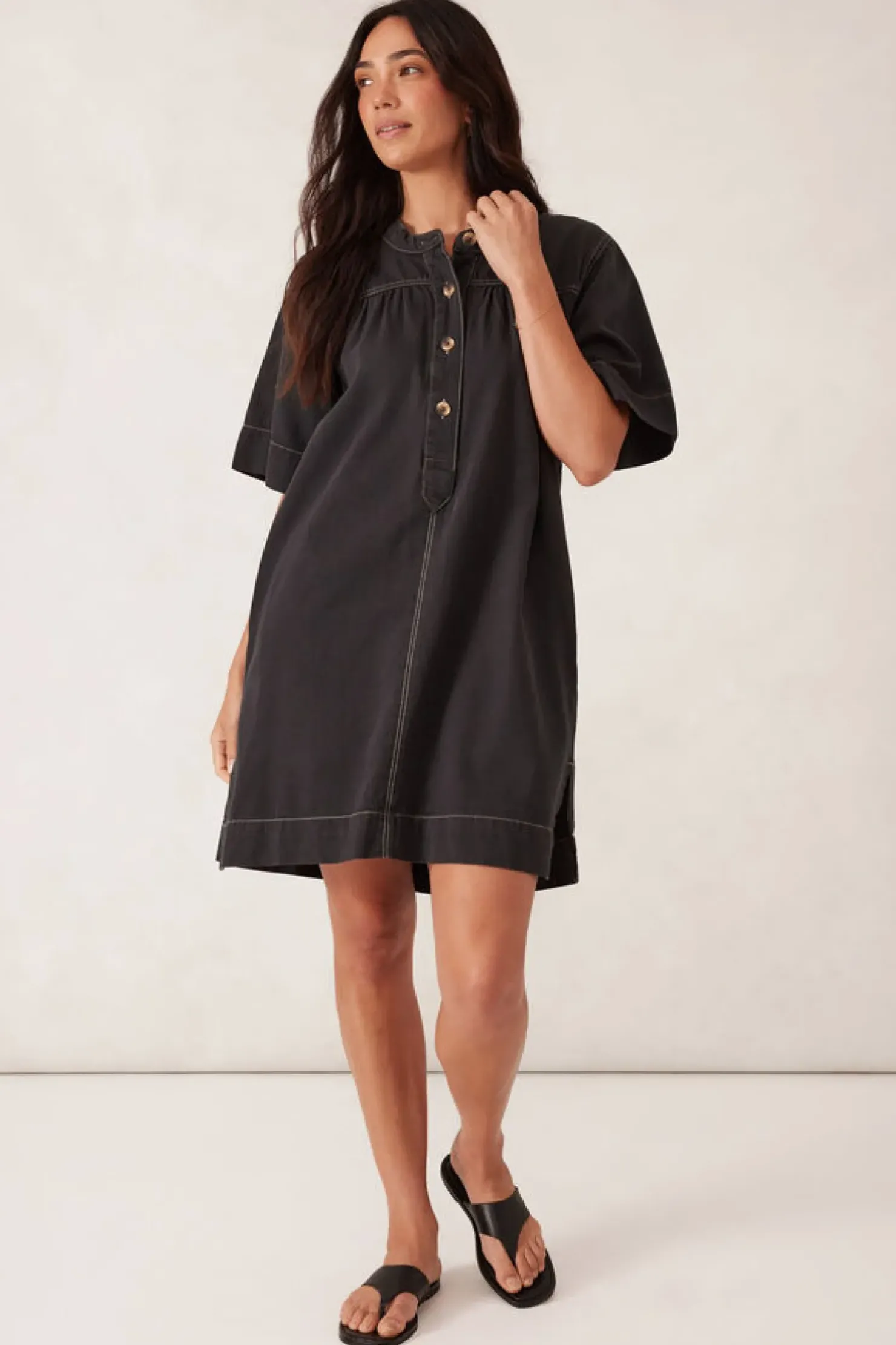 New Ceres Life Half Placket Tunic Dress- Black Twill