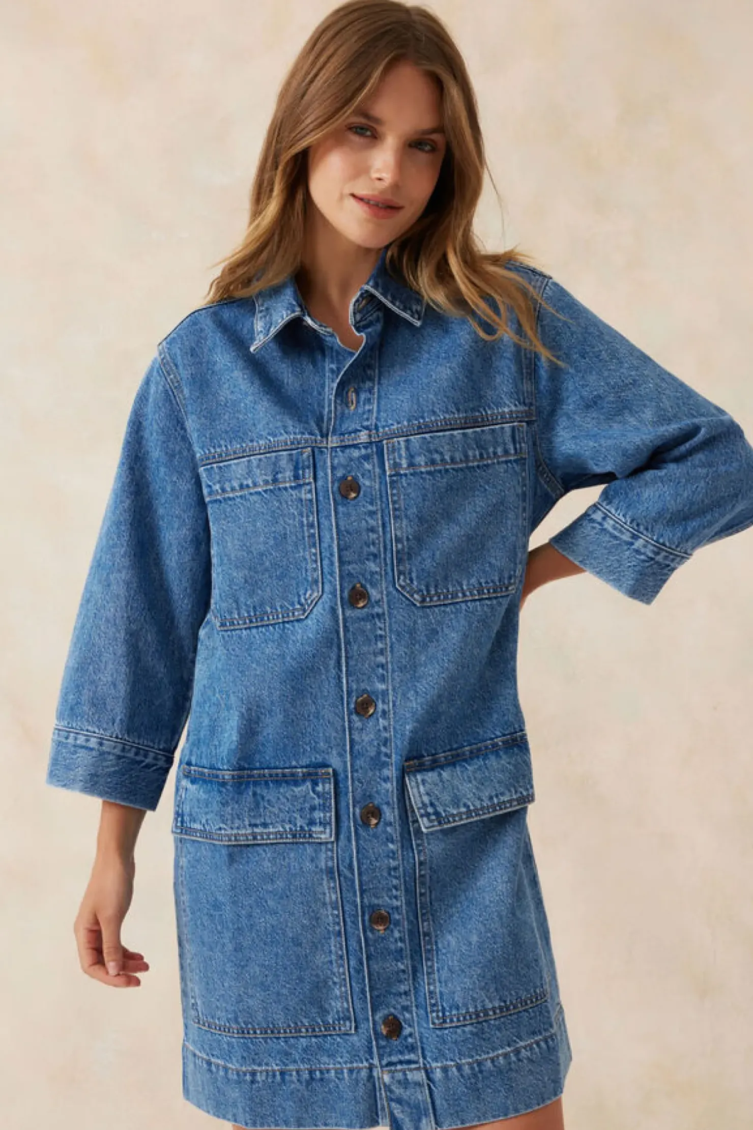 Hot Ceres Life Half Sleeve Boxy Shirt Dress - Fresh Indigo Denim