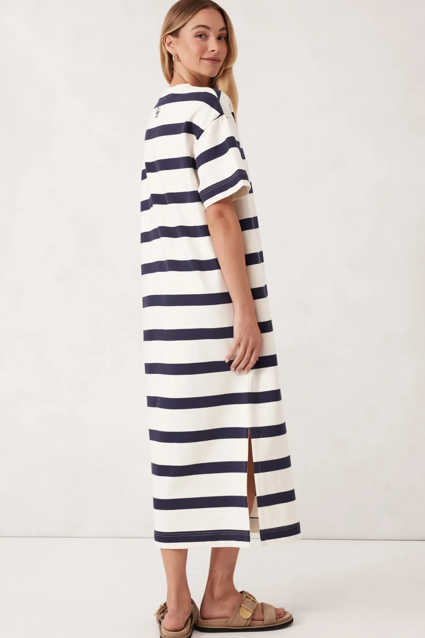 Fashion Ceres Life Midi Terry Dress - White Navy Bold Stripe