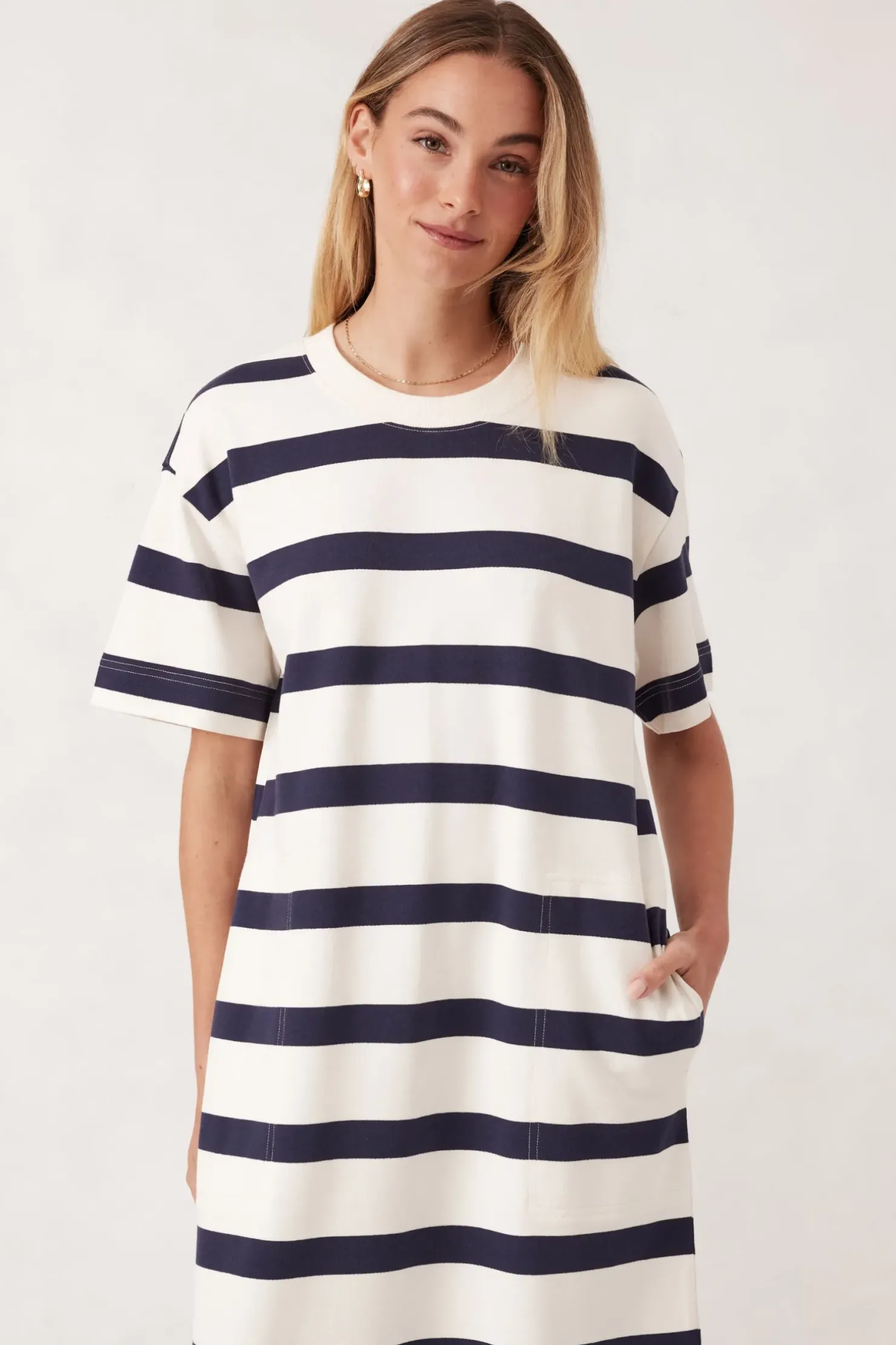 Fashion Ceres Life Midi Terry Dress - White Navy Bold Stripe
