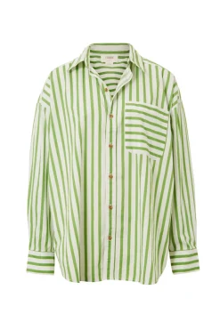 Outlet Ceres Life Oversized Organic Cotton Poplin Shirt - Splash Green White Stripe