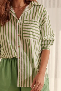 Outlet Ceres Life Oversized Organic Cotton Poplin Shirt - Splash Green White Stripe