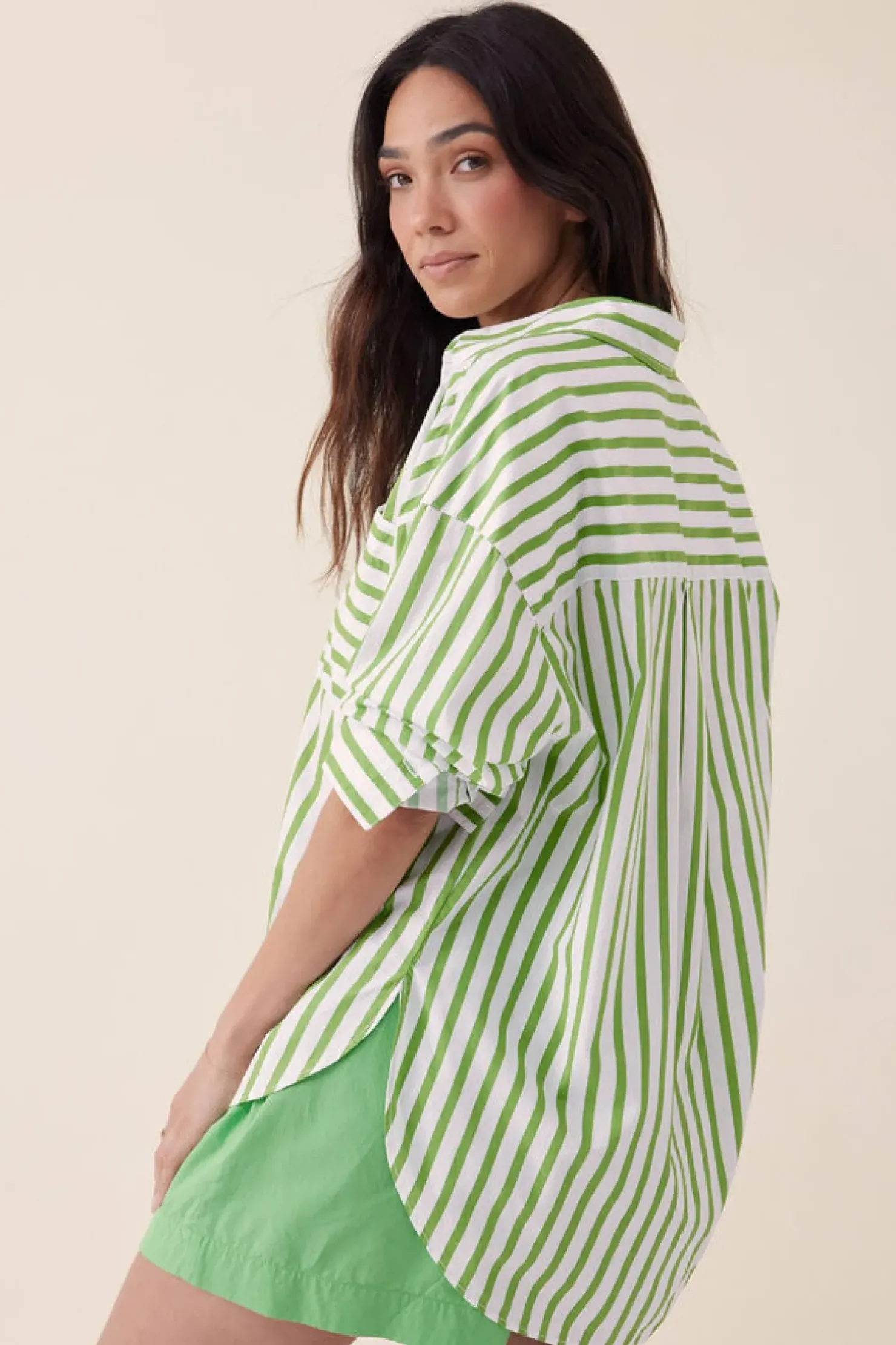 Outlet Ceres Life Oversized Organic Cotton Poplin Shirt - Splash Green White Stripe