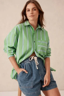 Online Ceres Life Oversized Organic Cotton Poplin Shirt - Grass Green Oxford Blue Stripe