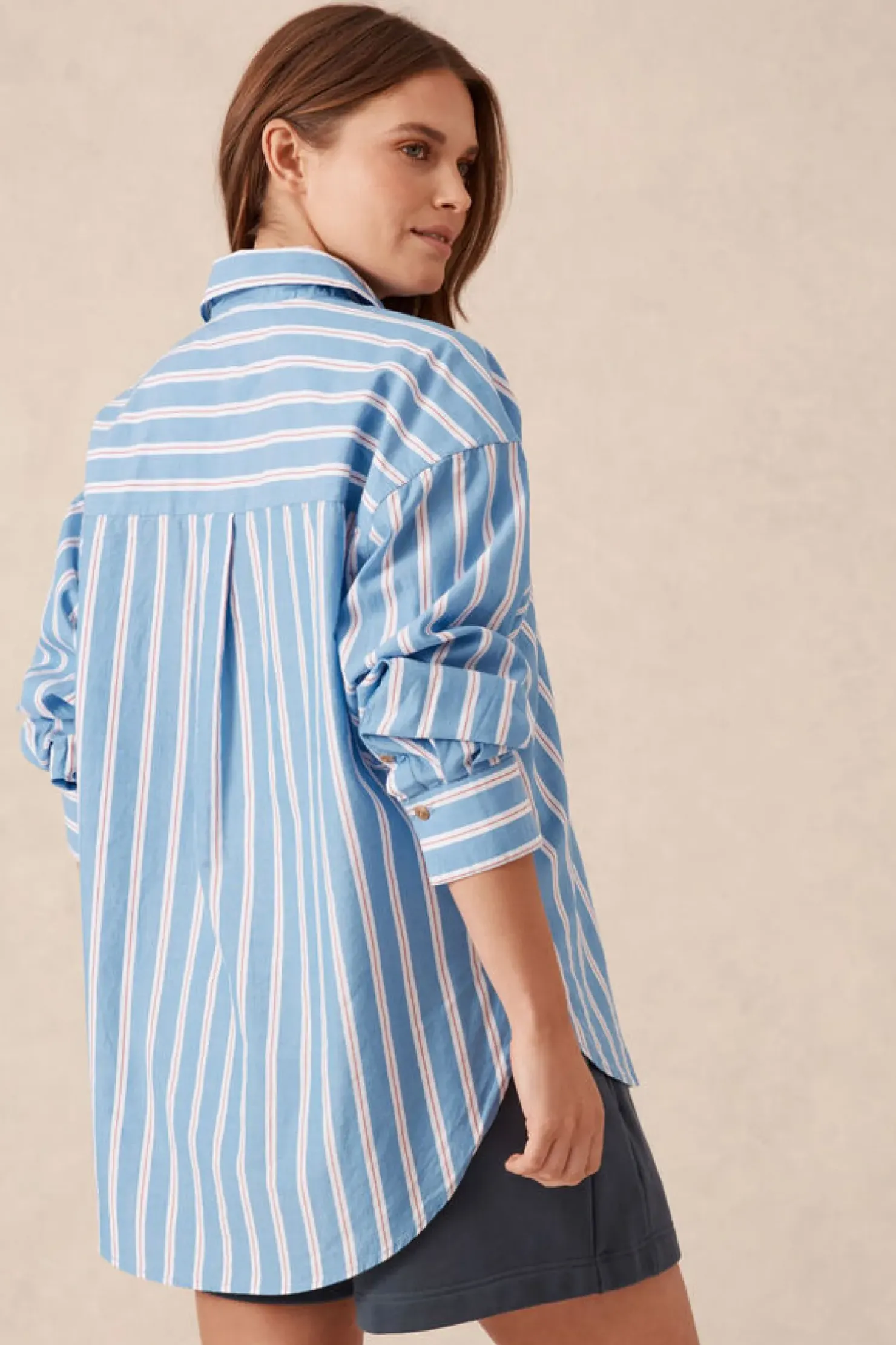 Clearance Ceres Life Oversized Organic Cotton Poplin Shirt - Blue White Red Stripe