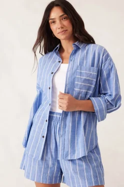 Clearance Ceres Life Oversized Poplin Shirt - Oxford Blue White Twin Stripe