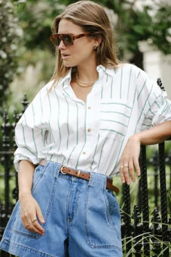 Best Ceres Life Oversized Poplin Shirt- Grass Fine Twin Stripe
