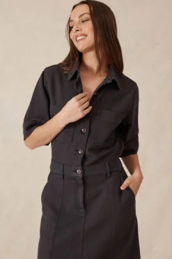 Discount Ceres Life Short Sleeve Denim Midi Shirt Dress - Washed Black Twill