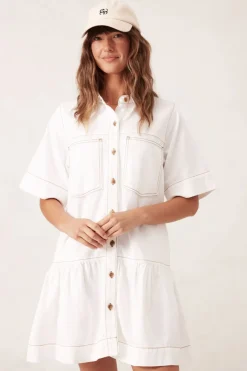 New Ceres Life Short Sleeve Tiered Pocket Shirt Dress - Fresh Ecru