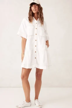 New Ceres Life Short Sleeve Tiered Pocket Shirt Dress - Fresh Ecru