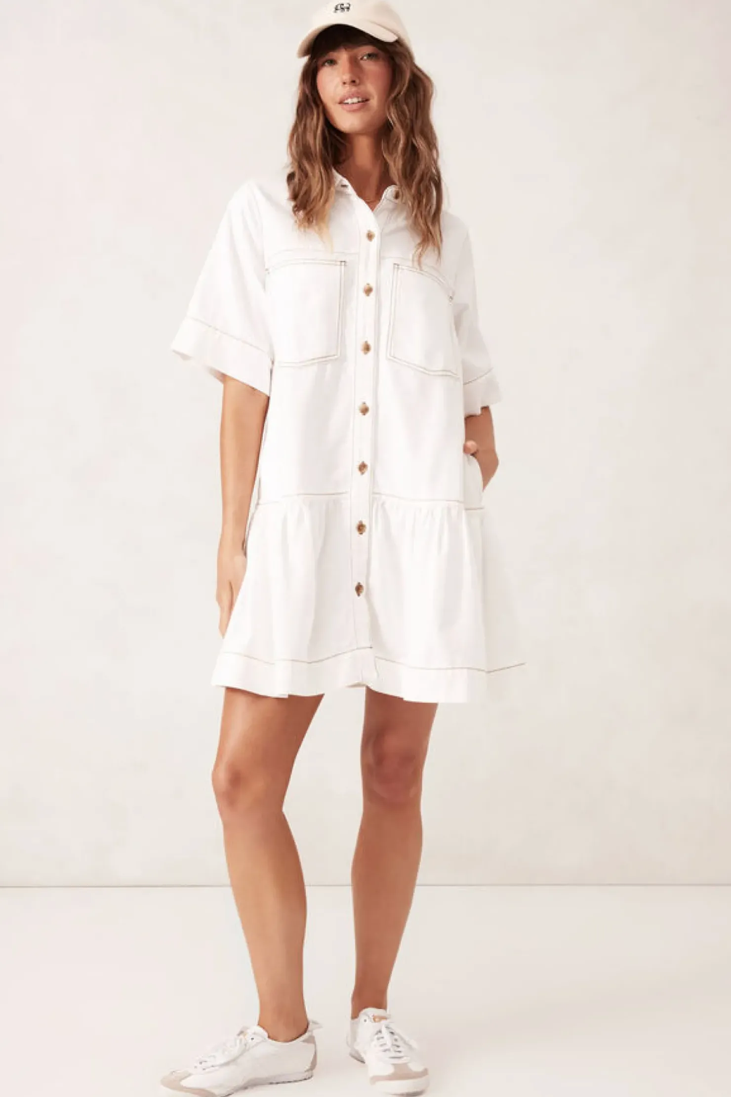 New Ceres Life Short Sleeve Tiered Pocket Shirt Dress - Fresh Ecru