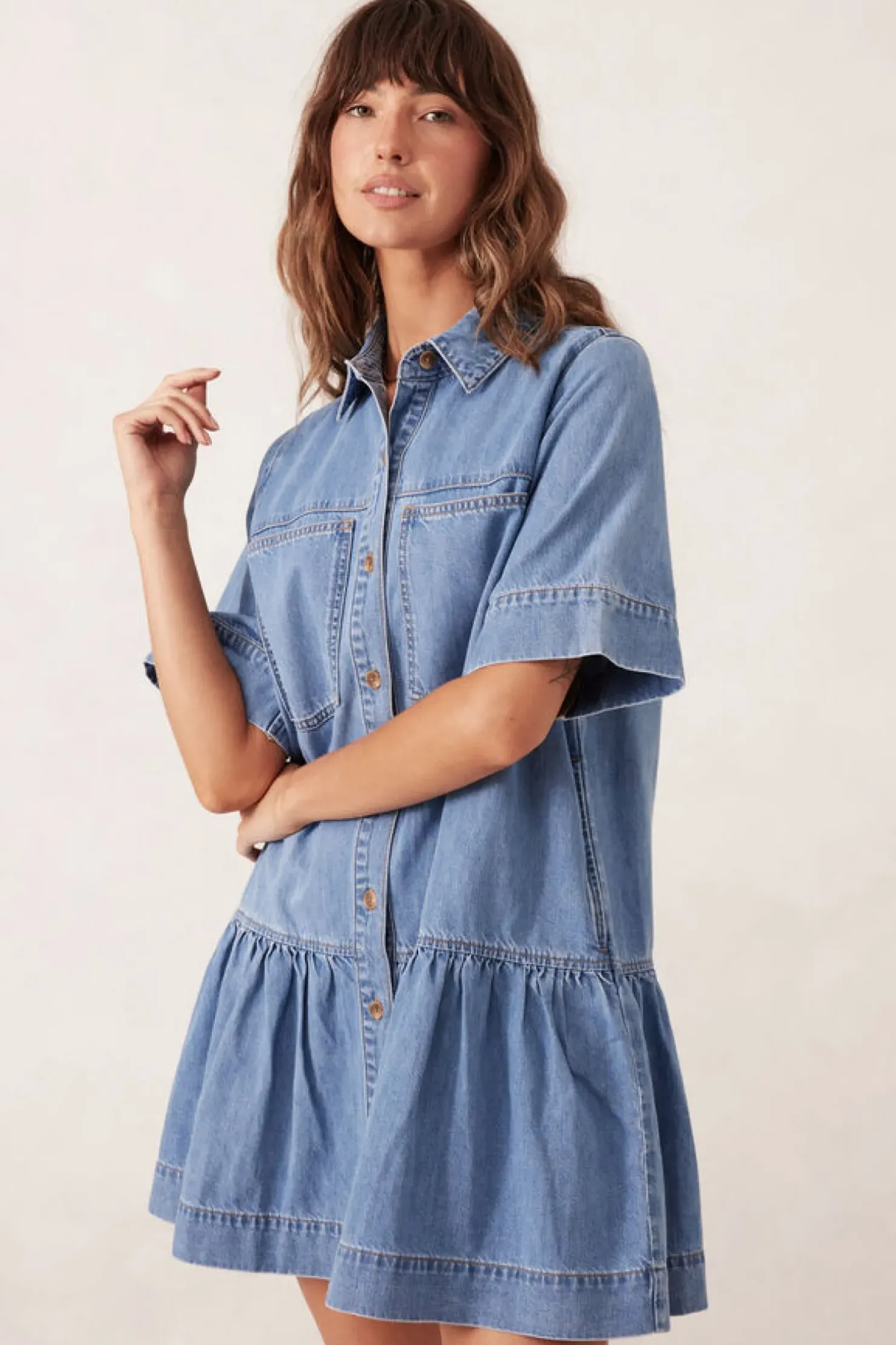 Best Ceres Life Short Sleeve Tiered Pocket Shirt Dress - Vintage Blue