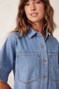 Best Ceres Life Short Sleeve Tiered Pocket Shirt Dress - Vintage Blue