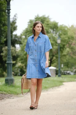 Best Ceres Life Short Sleeve Tiered Pocket Shirt Dress - Vintage Blue