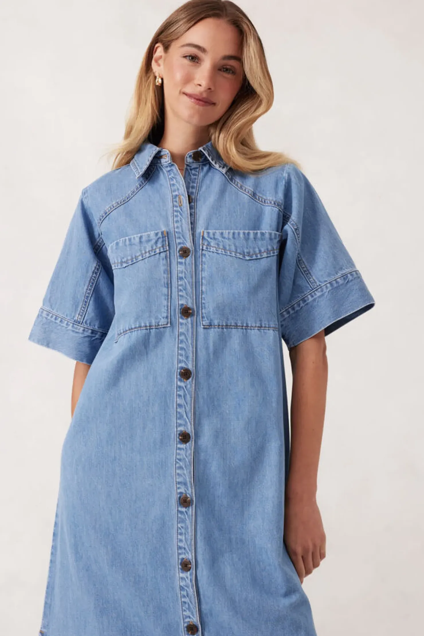 Discount Ceres Life Short Sleeve Yoke Detail Midi Dress - Vintage Blue