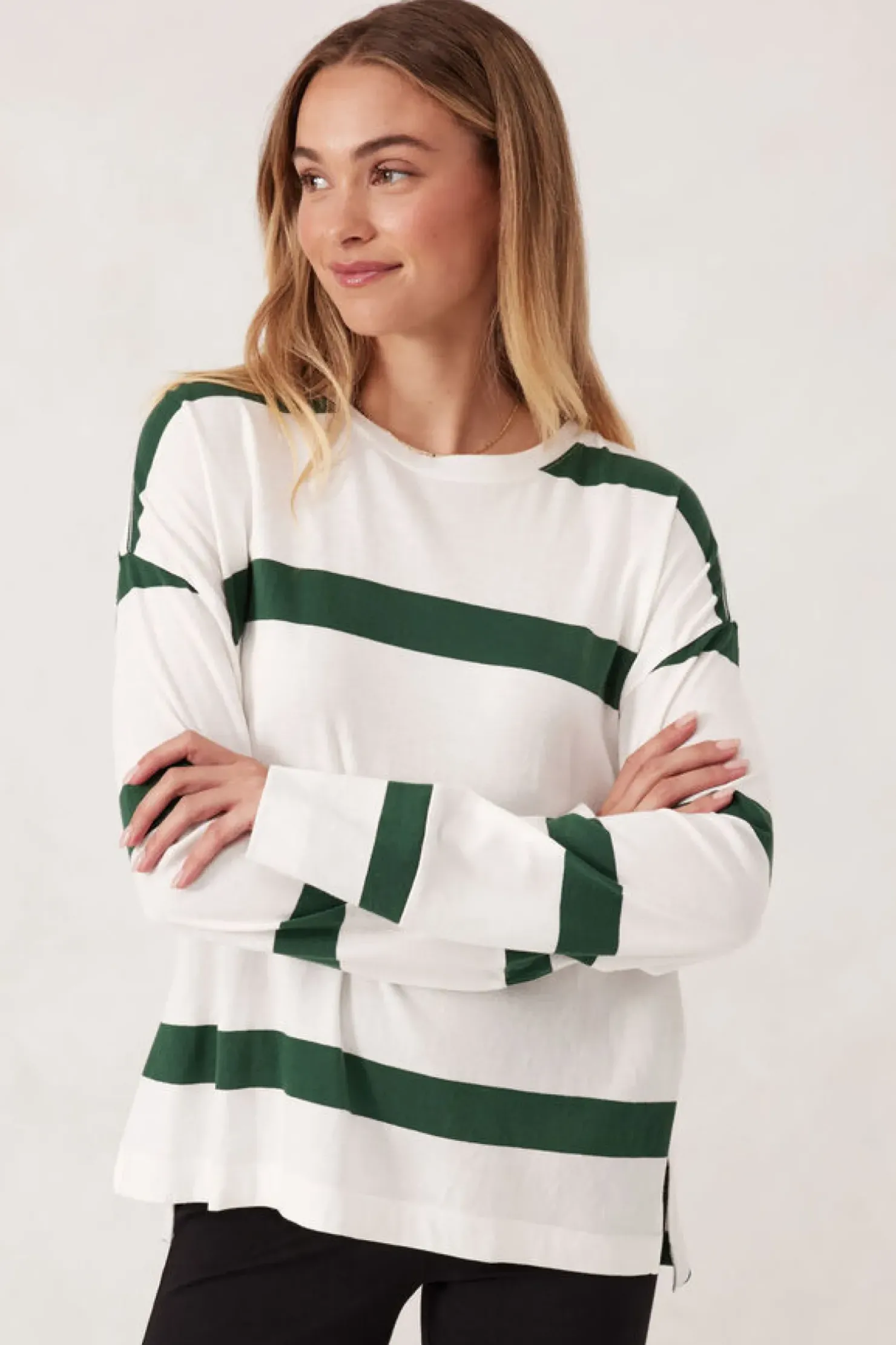 Fashion Ceres Life Slouchy Long Sleeve - Vanilla Pine Green Bold Stripe