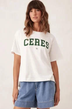 Online Ceres Life Slouchy Split Hem Tee - Vanilla/Pine Green Varsity