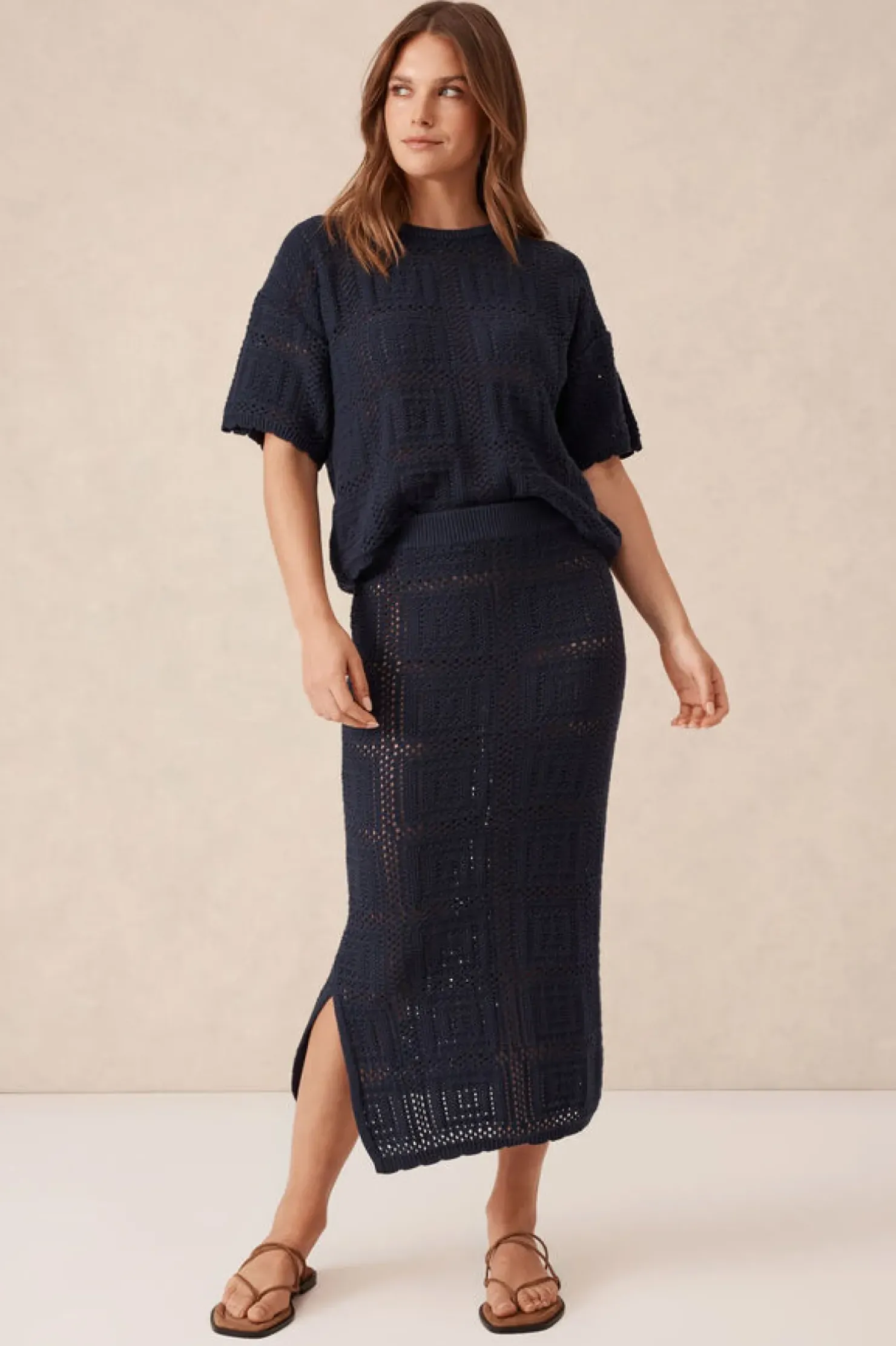 Fashion Ceres Life Square Knit Midi Skirt - New Navy